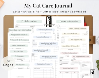 Cat Care Journal Printable, Pet Planner PDF, Cat Health Tracker, Pet Record Book, A4 A5 US Letter Half Letter, 5 Covers
