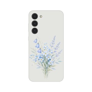 Könnte beinhalten: Hellgraue Handyhülle mit einem floralen Aquarelldesign. Das Design umfasst einen Strauß blauer Blumen, grüne Blätter und zarte Stiele. Die Handyhülle hat eine Kameraanordnung auf der oberen linken Seite.