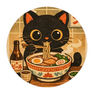 Kawaii Black Cat Eating Ramen Mouse Pad | Round Desk Mat, Kawaii Anime Art