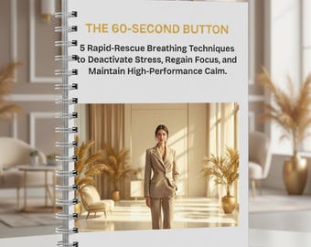 May include: A spiral-bound book titled "THE 60-SECOND BUTTON" with text about breathing techniques to reduce stress and maintain calm. The cover features a woman in a tan suit. The book is on a white surface.