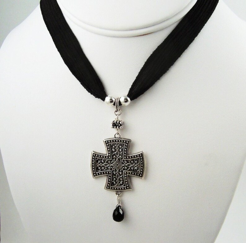 Maltese Cross Necklace Sterling Silver Cross Pendant Black Etsy