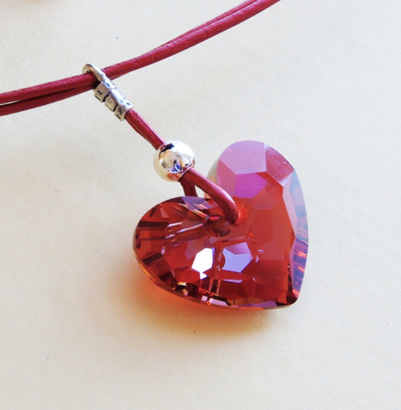 Swarovski Crystal Heart Necklace Red Heart Pendant Leather Etsy