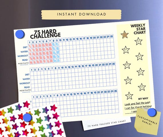 75 HARD - Adult star chart planner for 75 days fitness and wellbeing challenge, with daily tick chart and reward system weekly star stickers