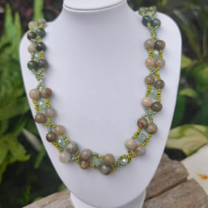 Earthy Tone Handmade Beaded Necklace, Boho Chic Woven Bead Jewelry, Natural Stone Seed Bead Necklace, Artisanal Loop Clasp Necklace