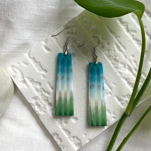 Blue and Green Ikat Pattern Polymer Clay Dangle Earrings | Handmade Geometric Long Bar Earrings, Lightweight Modern Statement Jewelry