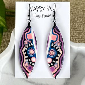 Abstract Polymer Clay Statement Earrings: Bold Boho Dangles, Pink Blue Purple, Handmade Artsy Jewelry