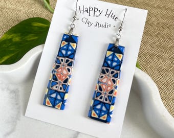 Handmade Geometric Polymer Clay Dangle Earrings: Blue Orange Yellow Statement Jewelry