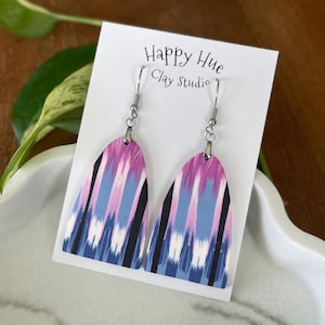 Pink Blue Ikat Arch Polymer Clay Earrings: Matte Statement Dangles, Artistic Jewelry