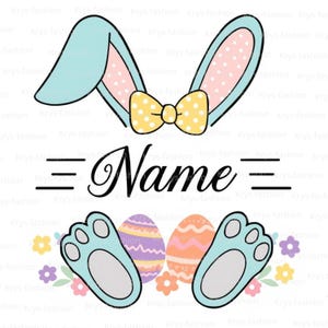 May include: An Easter-themed graphic with light blue bunny ears, a yellow bow tie, and bunny feet. The word "Name" is written in a script font, with decorative lines above and below. Colorful Easter eggs and flowers complete the design.