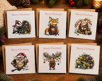 Christmas Card Set, Pack Of 6 With Festive Animal Illustrations, 6x6 Inches