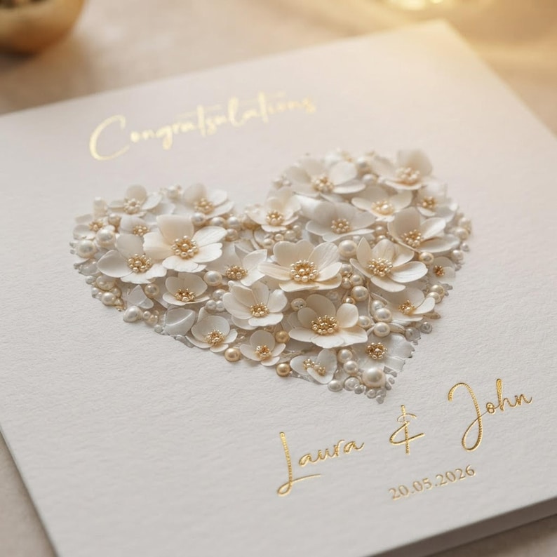Close-up macro shot highlighting the foil finish and delicate white floral heart texture on the greeting card.