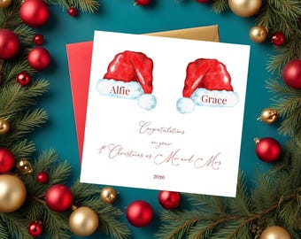 Personalised Mr And Mrs Card, First Christmas 2026 Santa Hat Design