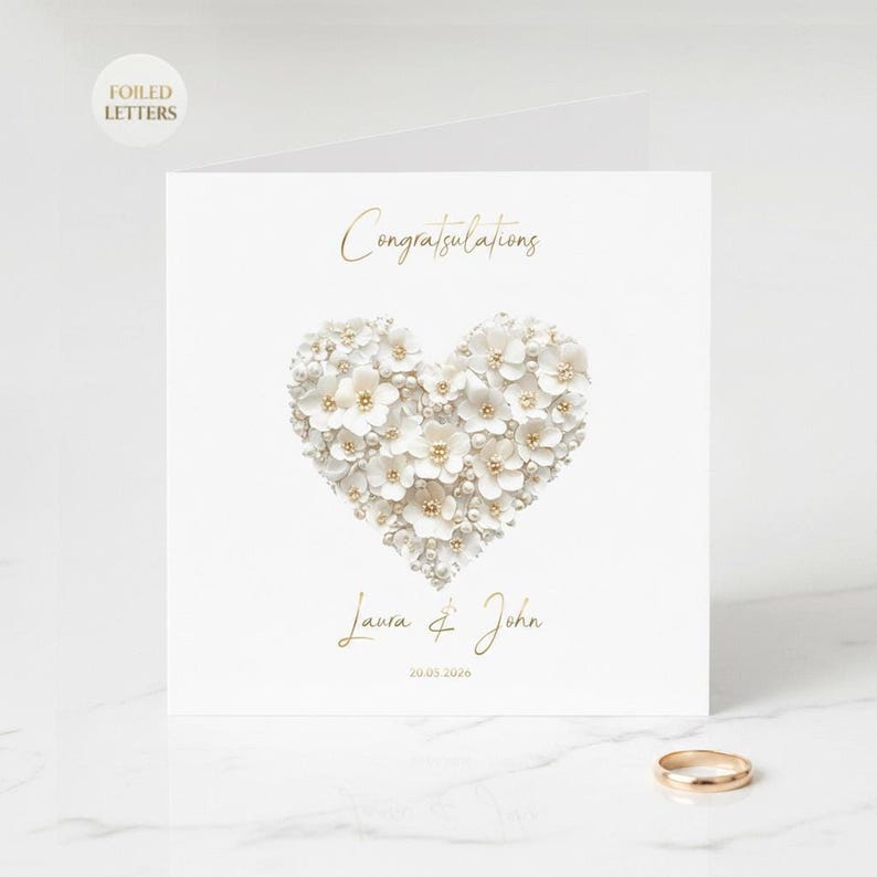 Personalized wedding card with gold foil finish, custom names and date shown in an AI-generated listing photo
