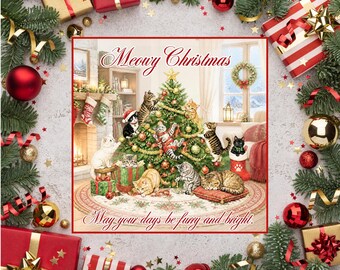 Cat Christmas Card, Illustrated Cats Around a Decorated Tree, 6 x 6