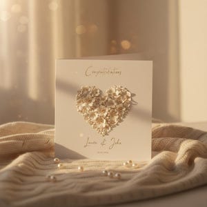 Personalized wedding card with gold foil finish, custom names and date shown in an AI-generated listing photo