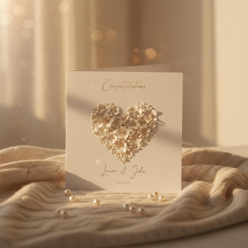 Personalized wedding card with gold foil finish, custom names and date shown in an AI-generated listing photo