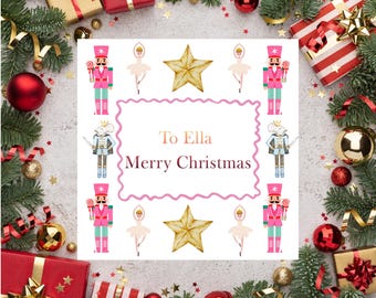 Pink Foil Card with Nutcracker Ballet Illustrations, Personalised 6x6-Inch Christmas Greeting