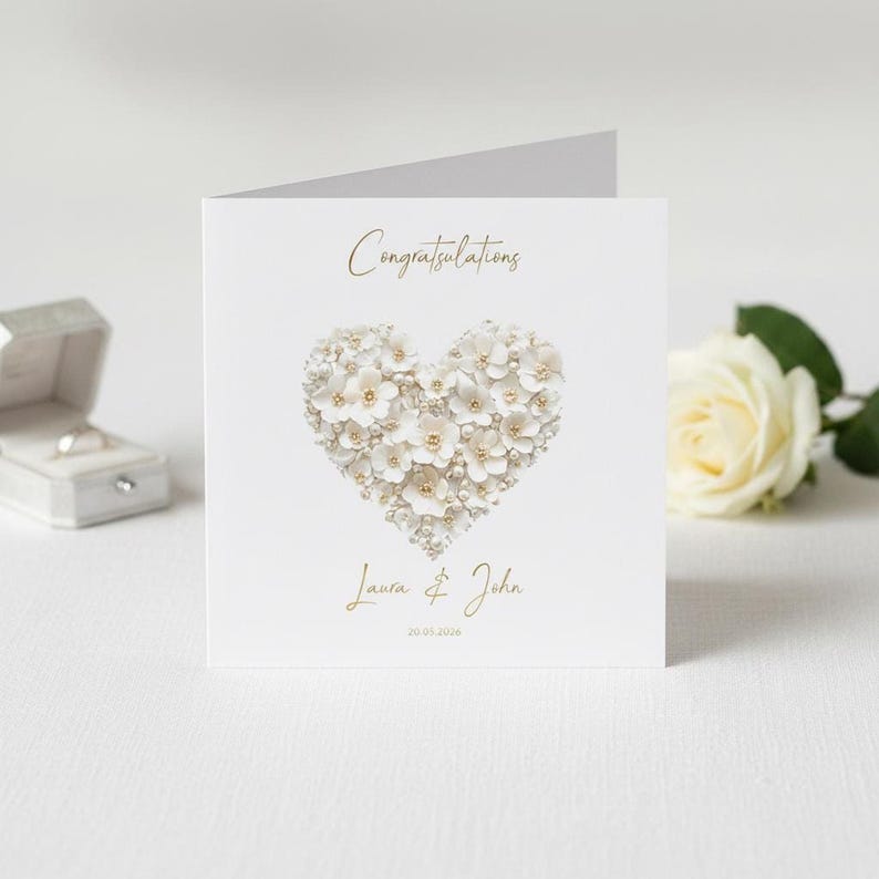 Personalized wedding card with gold foil finish, custom names and date shown in an AI-generated listing photo