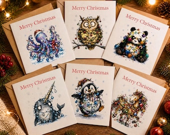 Christmas Card Set, Six 6×6-Inch Festive Animal Designs with Kraft Envelopes
