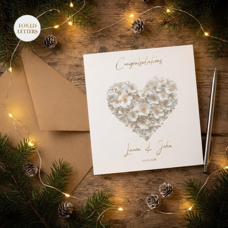 Personalized wedding card displayed in a warm, cozy Christmas holiday setting with fairy lights and pine.