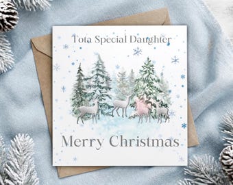 Daughter Xmas Card, 6×6 Winter Woodland Scene with Illustrated Deer