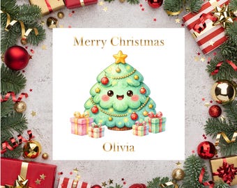 Name Christmas Card, Personalised Tree Design with Gold Foil Finish