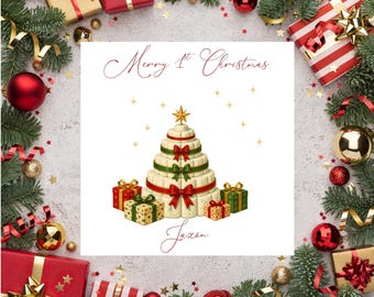 First Christmas Card, Personalized Child Name with Red Foil Finish, 6 x 6 Inches