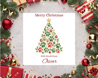 Pet Christmas Card, Custom Pet Name Paw Print Design, Foil Finish