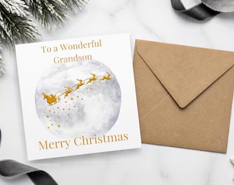 Santa Sleigh Card, 6×6 Watercolour Moon Design on 250 gsm Cardstock