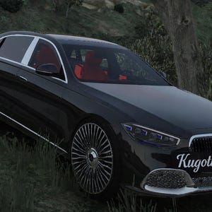 以下が含まれることがあります： クロムアクセントと赤い内装を備えた黒い高級セダン。カスタムホイールとフロントに「Kugothaboss」の文字が入っています。背景には木々のある草地の中に駐車されています。