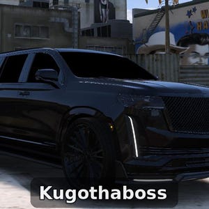 May include: A black SUV with tinted windows and black rims. The vehicle has a black grille and a white vertical light on the front. The text "Kugothaboss" is displayed at the bottom of the image. The background includes a building and a mural.