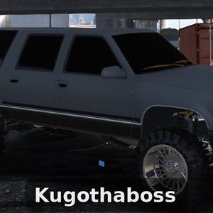Op de afbeelding: Een verhoogde, grijze SUV met grote chromen wielen en getinte ramen. Het voertuig heeft een zwarte voorbumper en de tekst "Kugothaboss" staat onderaan.