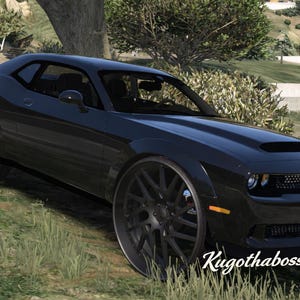 Pode incluir: Um cupê preto com rodas pretas grandes estacionado na grama. O carro tem um design elegante com uma entrada de ar no capô e um spoiler. O texto "Kugothaboss" é visível no canto inferior direito.