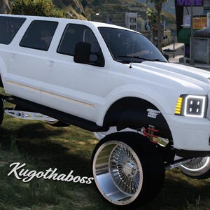 May include: A white SUV with large chrome wheels and black tyres is parked on grass. The vehicle has a custom lift kit and the text "Kugothaboss" is visible. The vehicle is parked near a street.