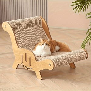 Peut inclure: Un chat roux et blanc est allongé sur un griffoir en bois en forme de chaise. Le griffoir a une surface texturée de couleur marron clair. La base de la chaise porte l'inscription "YOUR NAME".