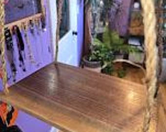Estante colgante de madera hecho a mano con cuerda / Estante flotante rústico / Decoración de pared bohemia / Estante para plantas / Decoración del hogar de madera natural