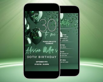 Animated 30th Birthday Invitation | Green Elegant Digital Invite | Editable Mobile Invite