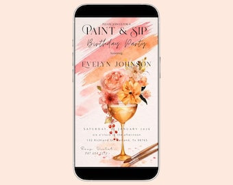 Paint and Sip Geburtstagseinladung bearbeitbar | Kunst Wein Party Canva Vorlage | Digital einladen