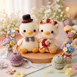 May include: Two crocheted duck dolls, one with a black top hat and bow tie, the other with a floral crown and veil, holding a bouquet. The dolls are on a wooden tray, surrounded by yarn and miniature flower arrangements.