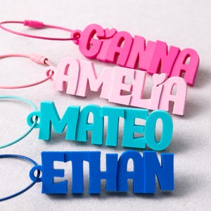 May include: Four custom name keychains made of solid plastic, each featuring a different color and a matching metal wire loop. The names GIANNA, AMELIA, MATEO, and ETHAN are displayed in bold, raised block lettering in hot pink, light pink, teal, and blue.