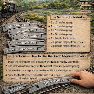 Op de afbeelding: Afbeelding van uitlijngereedschap voor modeltreinrails. Inclusief meters voor radii van 38 cm, 46 cm, 51 cm en 56 cm, plus een rechte spoorgeleider en afstandhouders. De tools zijn ontworpen voor nauwkeurige en consistente spooruitlijning.