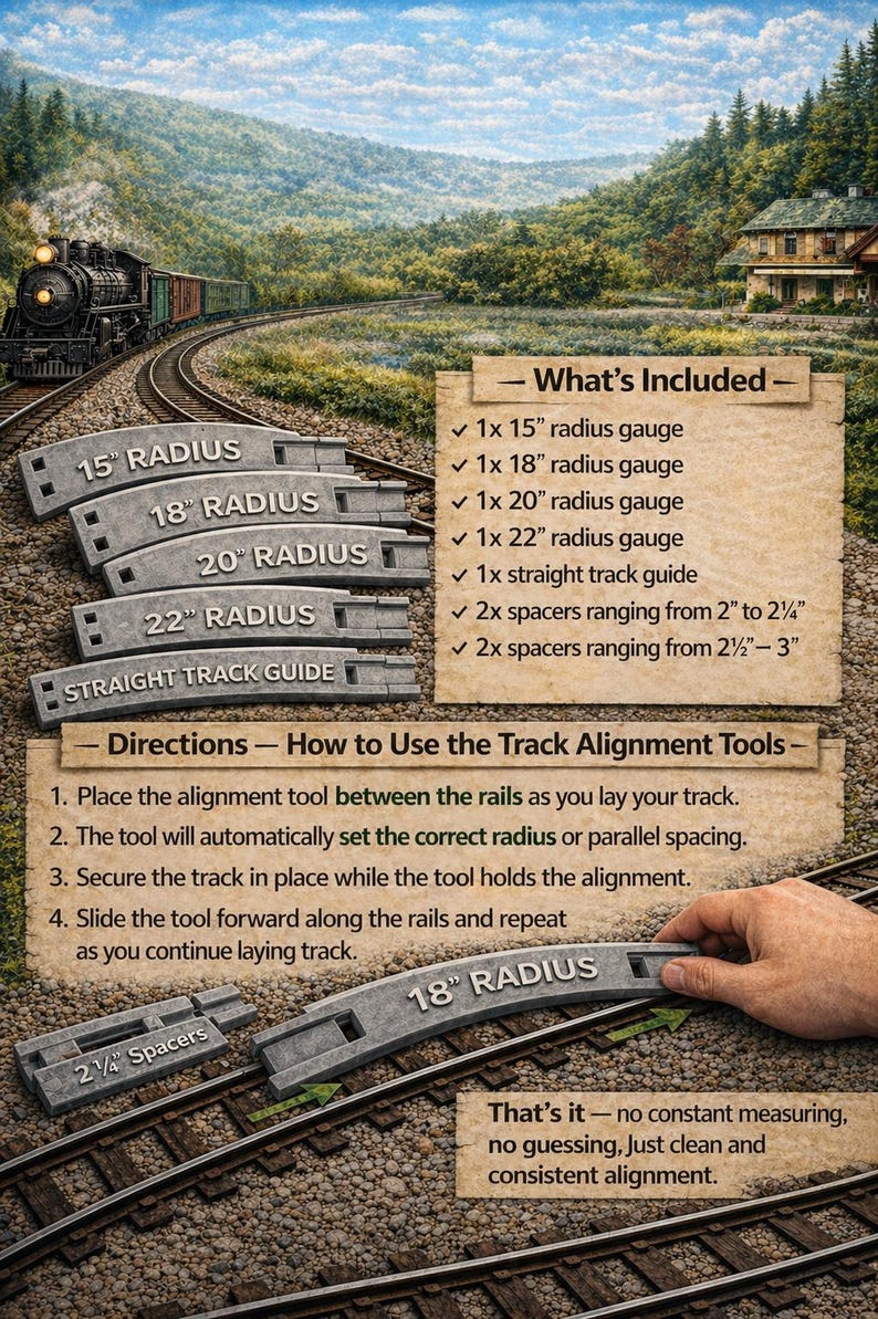 Op de afbeelding: Afbeelding van uitlijngereedschap voor modeltreinrails. Inclusief meters voor radii van 38 cm, 46 cm, 51 cm en 56 cm, plus een rechte spoorgeleider en afstandhouders. De tools zijn ontworpen voor nauwkeurige en consistente spooruitlijning.