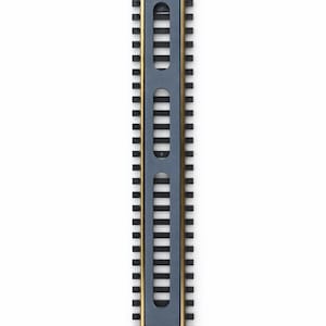 Op de afbeelding: Een sectie modeltreinrails met zwarte rails en een grijs middenstuk met drie rechthoekige uitsparingen. De rails heeft goudkleurige eindstukken, tegen een witte achtergrond.
