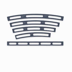 Op de afbeelding: Een set donkergrijze, gebogen en rechte houten stukken met gelijkmatig verdeelde rechthoekige uitsparingen. De gebogen stukken zijn gemarkeerd met afmetingen: 38 cm, 46 cm, 51 cm en 56 cm. Het rechte stuk heeft vergelijkbare uitsparingen.
