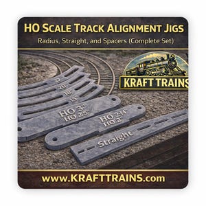 Può includere: Set completo di dime per l'allineamento dei binari in scala HO, inclusi raggi, rettilinei e distanziatori. Il set include pezzi curvi con raggi di 38 cm, 46 cm, 51 cm e 56 cm, insieme a pezzi rettilinei e distanziatori. Sono visibili anche il logo e il sito web di Kraft Trains.