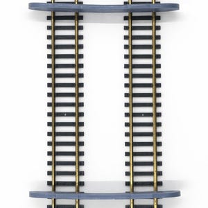 Op de afbeelding: Twee modelspoorwegplanken. Elke plank heeft zwarte rails met goudkleurige rails en een gebogen, lichtblauwe plank. De planken zijn op een witte achtergrond gemonteerd.