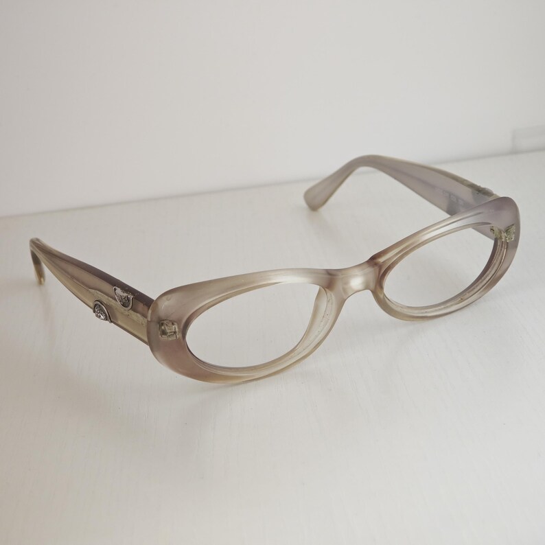 May include: A pair of translucent taupe-colored eyeglasses with an oval frame shape. The temples feature small, metallic decorative accents shaped like animal heads, adding a subtle detail to the smooth, neutral-toned plastic construction.