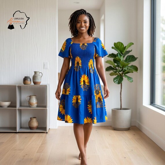sunflower dress blue Women, African Print Midi Dress, Casual Summer Dress, Short Sleeve Smocked Dress, Everyday Elegant Outfit Dress floral Size:2t Style Ideas>Women's Cocktail Dresses Mia Belle Girls Blue while the scalloped hem