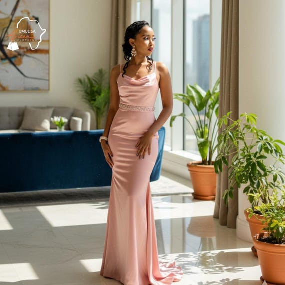 blush formal maxi dress Radiance African Satin Gown blush pink color dress