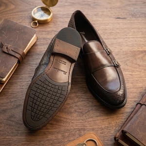 Puede incluir: Zapatos marrones de cuero con doble hebilla y detalles texturizados. Se ve la suela de un zapato, con una banda de rodadura estampada. En la imagen tambi&eacute;n hay una br&uacute;jula y un diario encuadernado en cuero.